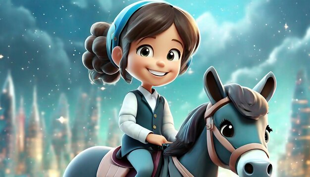 3D Render Małej Dziewczyny jeżdżącej na koniu