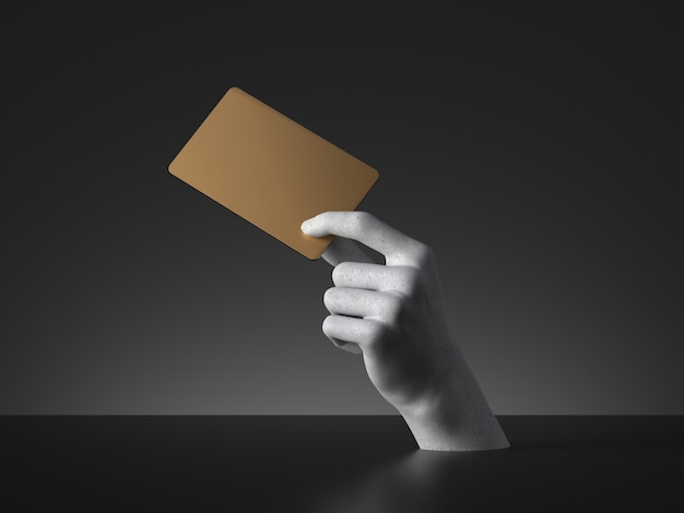 3d render manekina ręki trzymającej pustą złotą kartę lub bilet na białym tle na czarnym tle. Metafora płatności.