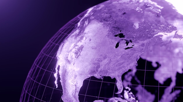 Zdjęcie 3d render mapy globu ameryki północnej technologia i futurystyczna purpurowa linia świecące tło ziemi