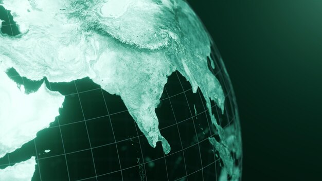 3D render mapy globu Indii Technologia i futurystyczna niebieska zielona linia świecące tło Ziemi