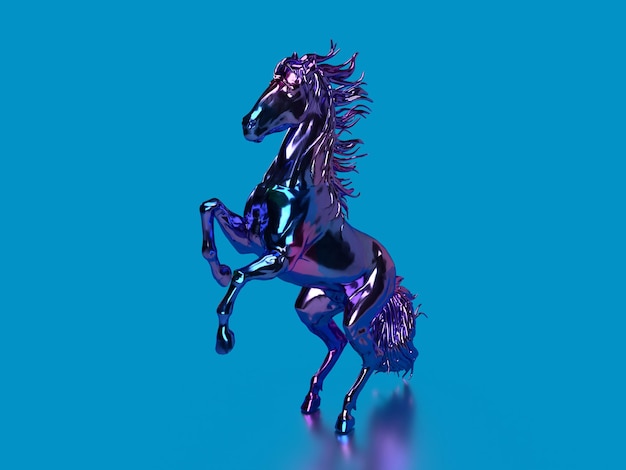 3d render metaliczny dynamiczny błyszczący koń na niebieskim tle w stylu step punk