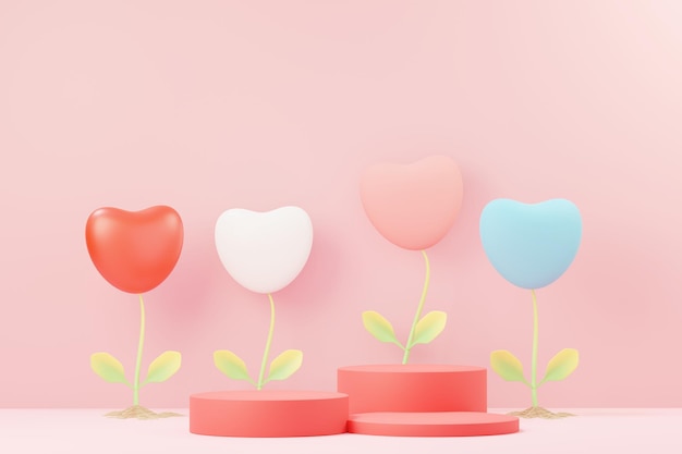 3d render minimalna słodka scena z wyświetlaczem podium do makiety i prezentacji marki produktu Różowy stojak na motyw walentynkowy Śliczne urocze tło serca Styl projektowania dni miłości