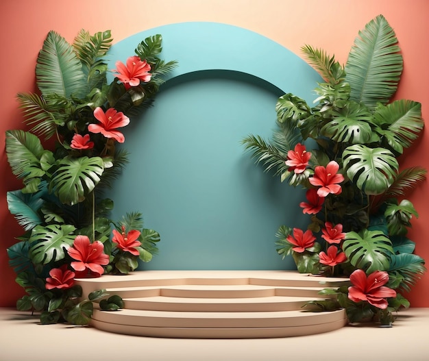 3d render minimalnej wystawy produktów na podium z tropikalnymi liśćmi i kwiatami
