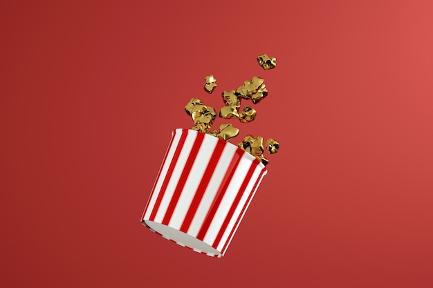 3d render monochromatycznego złotego pudełka na popcorn. Jedzenie lewitacyjne. Koncepcja przekąski kina