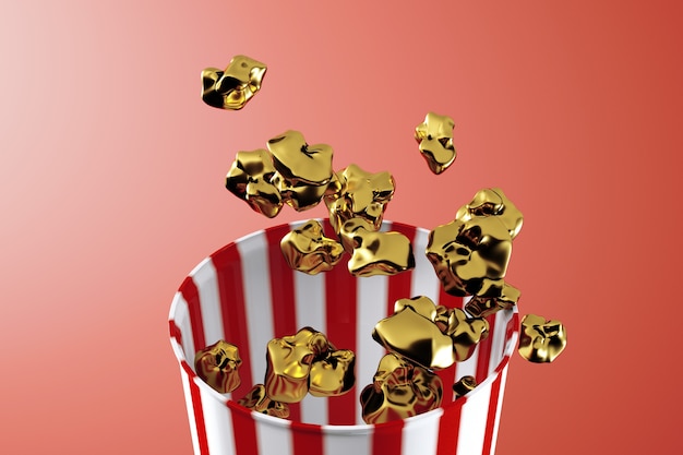3d render monochromatycznego złotego pudełka na popcorn. Jedzenie lewitacyjne. Koncepcja przekąski kina