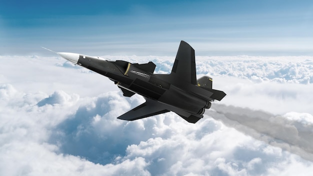 3d render myśliwiec leci w kadr, można zobaczyć cumulus rozpiętości skrzydeł obłoki UkrainaRosja wojna