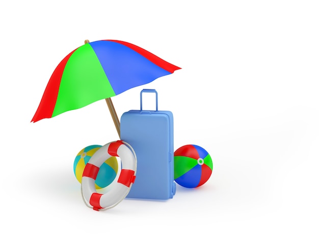 3d render niebieska walizka, kolorowy parasol plażowy, piłki i koło ratunkowe na białym tle
