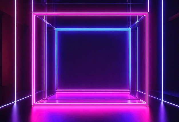 3d render niebieski różowy neon kwadratowy ramka pusta przestrzeń światło ultrafioletowe 80's retro styl Generative Ai