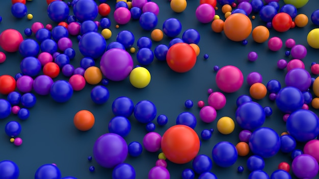 3d render niebieskiej płaskiej powierzchni pokrytej żywymi niebieskimi, czerwonymi, fioletowymi i niebieskimi kulkami.