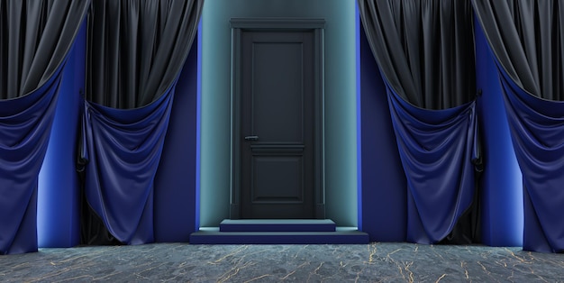 3D render niebiesko-czarna kurtyna czarne drzwi wejściowe czarne drzwi 3D z czarną i niebieską kurtyną