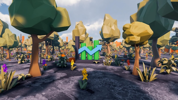 3D Render niskie tło wielokąta z naturalną scenerią krajobrazu i wykresem wzrostu