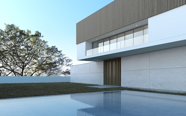 Zdjęcie 3d render nowoczesny dom z basenem na tle drzewa.