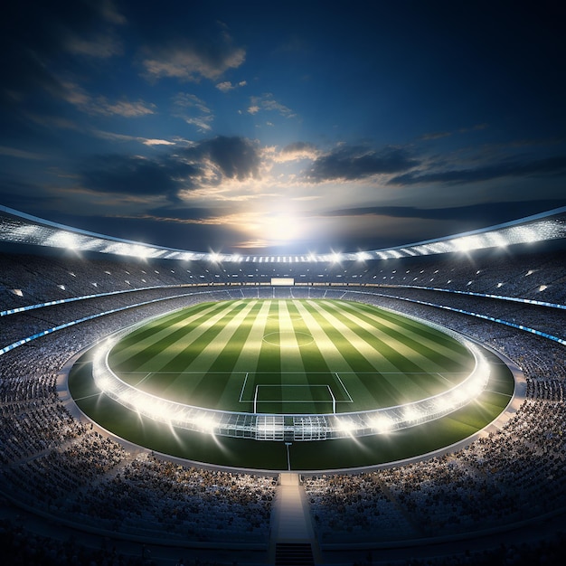 3D render okrągłego stadionu piłkarskiego z reflektorami i trawą