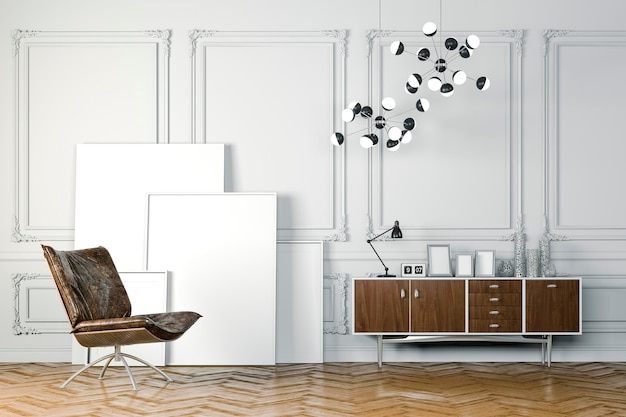 3d render pięknego czystego wnętrza z białymi ścianami i pustymi ramkami
