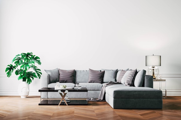 3d render pięknego wnętrza z sofą i rośliną podłogową
