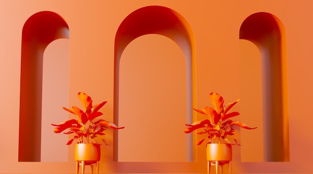 3D render pomarańczy Trzy łuki tło abstrakcyjne podium roślina liść zielona dekoracja tropikalny liść liście