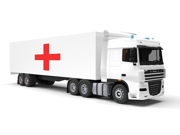 3d render pomoc humanitarna biała ciężarówka z czerwonym krzyżem