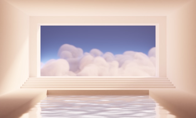3D render pustego pokoju abstrakcyjnego z basenem i ogromnym oknem z niebem i chmurami w ciepłej brzoskwiniowej palecie. Minimalistyczne surrealistyczne modne tło do prezentacji produktów lub kosmetyków.