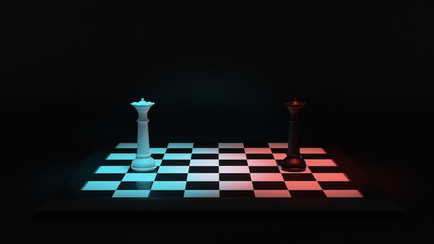 3d render realistyczne szachy królowej czarno-białe z jasnoniebieskim i czerwonym