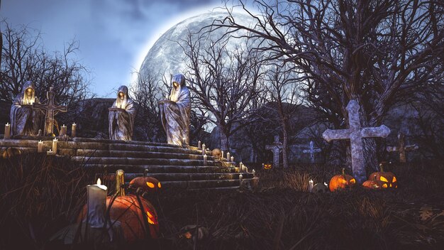 3D Render realistyczne tło halloween z przerażającym krajobrazem nocnego nieba fantasy las w świetle księżyca