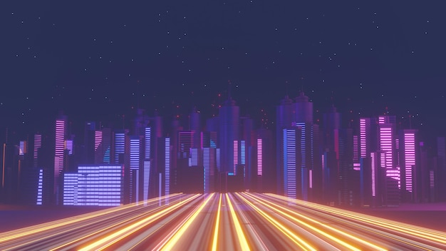 3d render sceny Cyber night mega city krajobraz Światło świecące i odbicie na ciemnej scenie technologicznej Życie nocne Sieć technologiczna dla 5g Poza futurystyczną sceną SciFi Stolica i scena budynku