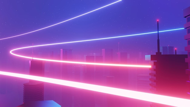 3d render sceny Cyber night mega city krajobraz Światło świecące i odbicie na ciemnej scenie technologicznej Życie nocne Sieć technologiczna dla 5g Poza futurystyczną sceną SciFi Stolica i scena budynku