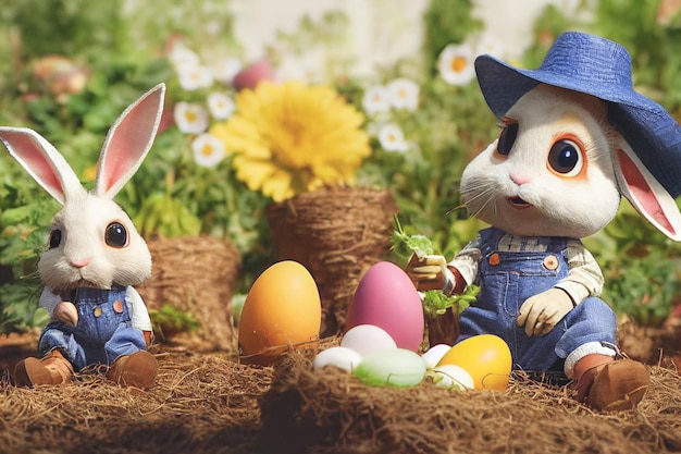 3D render Śliczny mały królik chłop ubrany w kombinezon w ogrodzie pełnym warzyw i pisanek