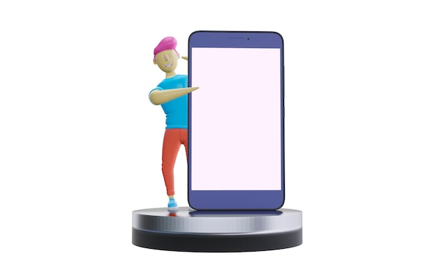 3d render Śliczny mężczyzna wskazujący na ekran ogromnego telefonu