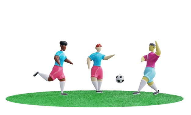 3d render Śmieszni mali ludzie w minimalistycznym stylu Piłkarze kopią piłkę na boisku Gra w piłkę nożną