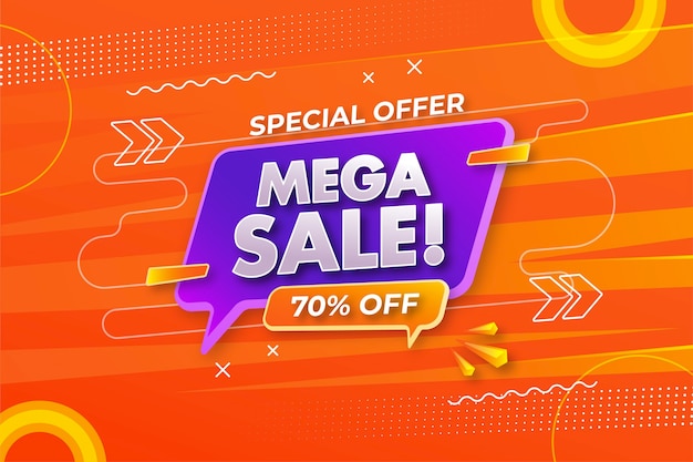 3d render Specjalna oferta Mega Wyprzedaż Siedemdziesiąt procent zniżki na fioletowym dymku tekstowym na pomarańczowym tle