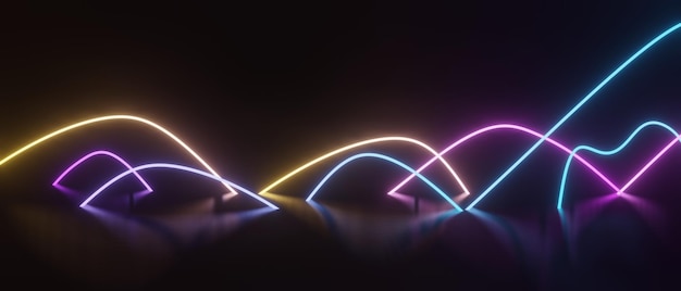 3d Render światła Neonowego Rgb Na Tle Ciemności. Abstrakcyjne Linie Laserowe Pokazują W Nocy. Scena Wiązki Promieniowania Ultrafioletowego Do Makiety I Banera Internetowego.