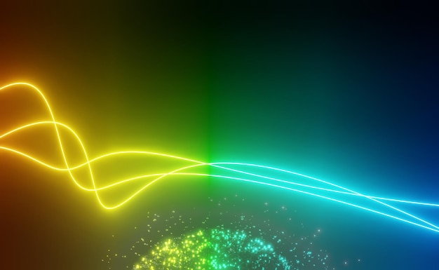 3d Render światła Neonowego Rgb Na Tle Ciemności. Abstrakcyjne Linie Laserowe Pokazują W Nocy. Scena Wiązki Promieniowania Ultrafioletowego Do Makiety I Banera Internetowego.