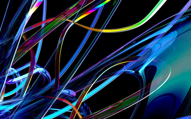 3d render sztuki 3d tło z częścią abstrakcyjnego kwiatu lub turbiny na podstawie krzywych falistych okrągłych linii szklane rurki ze świecącym w neonowo niebieskim i zielonym świetle elementem wewnątrz na czarno