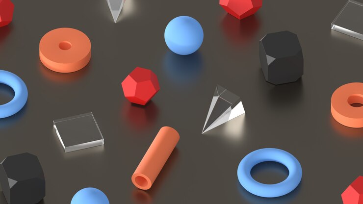 Zdjęcie 3d render tła tapety różne kształty geometryczne szkło ośmiościan czerwony pomarańczowy czarny niebieski