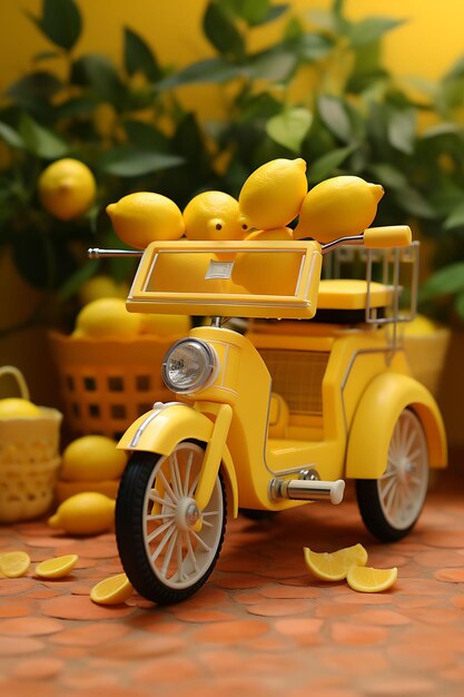 Zdjęcie 3d render toy lemonade stand tricycle z ilustracjami cytryny na słonecznym miniaturowym słodkim kawaii