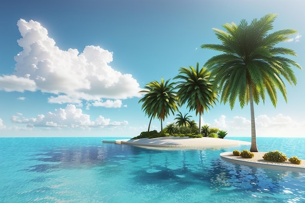 3d render tropikalnego krajobrazu z palmami i niebieskim morzem