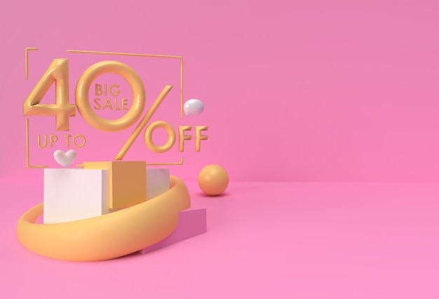 3d Render Upto 40% Zniżki Big Sale Z Hearts Walentynki Wyświetlanie Produktów Projektowanie Reklam.