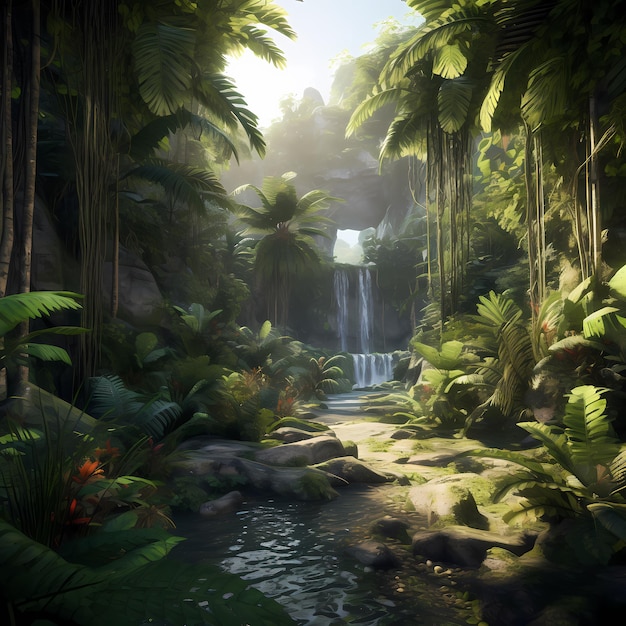 3D render wodospadu w tle dżungli