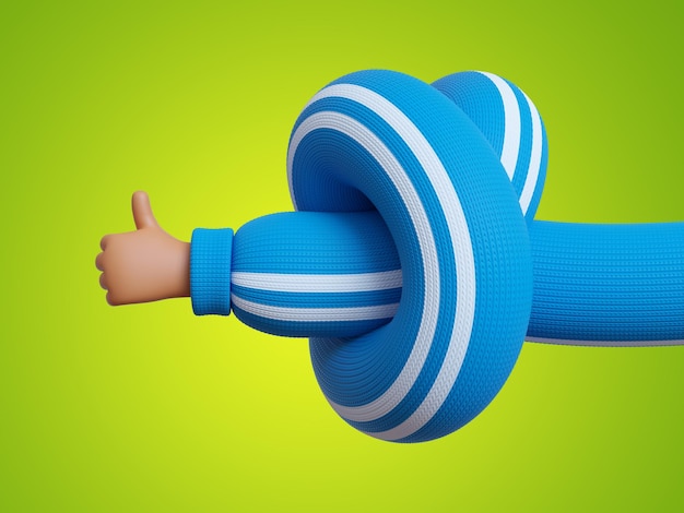 Zdjęcie 3d render zabawny postać z kreskówki splątana ręka w niebieskim rękawie z białymi paskami kciuk w górę