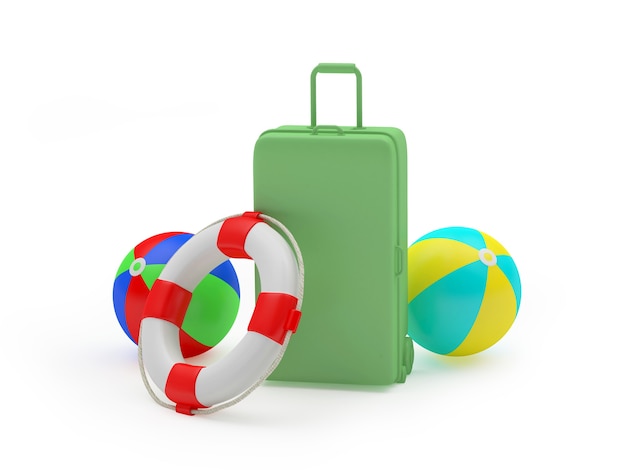 3d render zielona walizka z kolorowymi piłkami plażowymi i kołem ratunkowym na białym tle