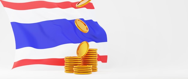 3D render złote monety i flaga Tajlandii. Zakupy online i e-commerce w sieci koncepcja biznesowa. Bezpieczna transakcja płatności online za pomocą smartfona.