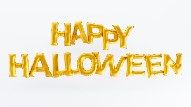 3D render złotego balonu tekst Happy Halloween na białym tle