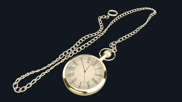 3d render złoty zegarek kieszonkowy w stylu vintage ogniwa łańcucha na białym tle na czarnym tle