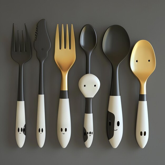 Zdjęcie 3d rendered photos of cartoon cutlery of different cartoon shapes on handle low poly