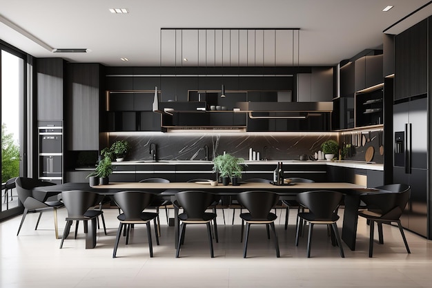 3d rendering czarny nowoczesna luksusowa kuchnia i jadalnia