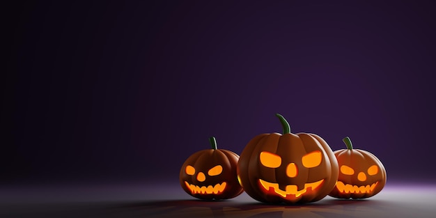 3d Rendering Design dla baneru Halloween z dynią na fioletowym tle Z przestrzenią do kopiowania