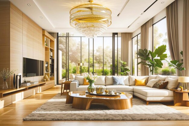 Zdjęcie 3d rendering duże luksusowe nowoczesne jasne wnętrza salon ai