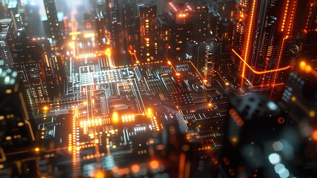 3D rendering futurystycznego krajobrazu miejskiego Miasto jest pełne wysokich budynków i drapaczy chmur, które są oświetlone jasnymi światłami