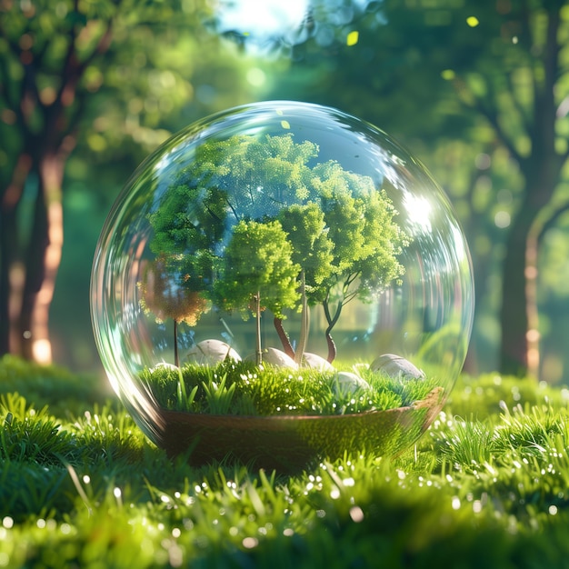 Zdjęcie 3d rendering globu ziemi z zielonymi drzewami wewnątrz szklanej kuli koncepcja światowego dnia zdrowia