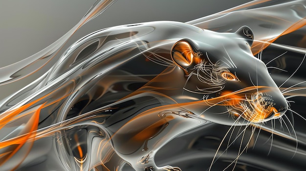 3D rendering jaguara wykonany z płynnego metalu Rzeźba jest oświetlona jasnym światłem, które odbija się od jej powierzchni